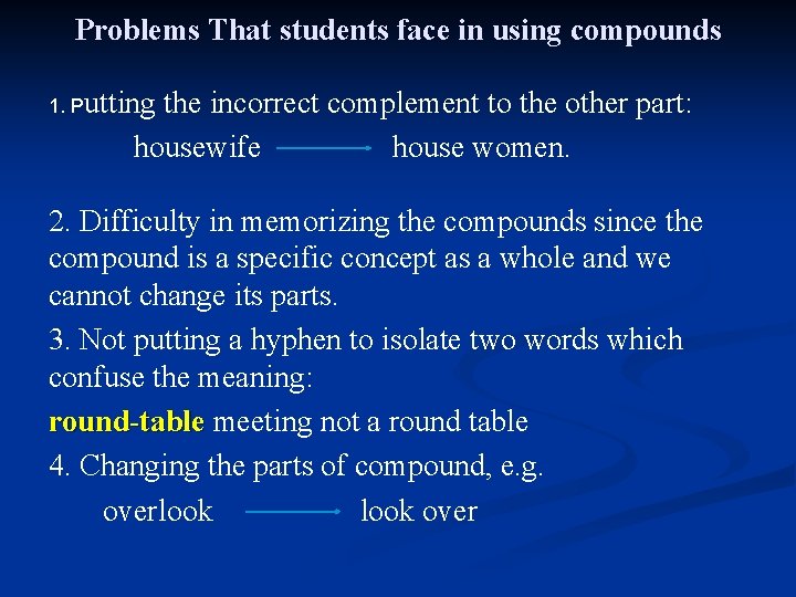 Problems That students face in using compounds 1. Putting the incorrect complement to the
