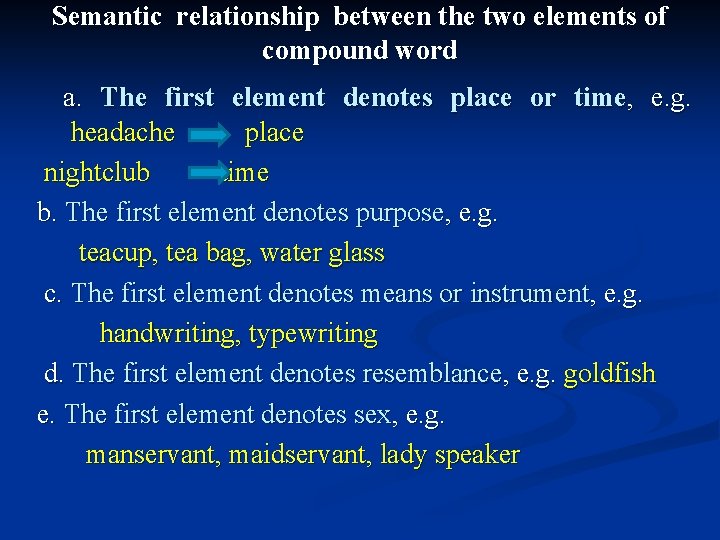 Semantic relationship between the two elements of compound word a. The first element denotes