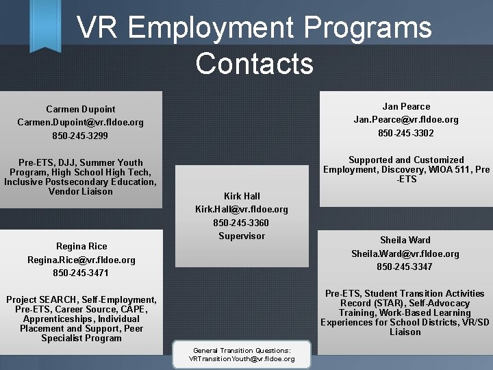 VR Employment Programs Contacts Carmen Dupoint Carmen. Dupoint@vr. fldoe. org 850 -245 -3299 Jan