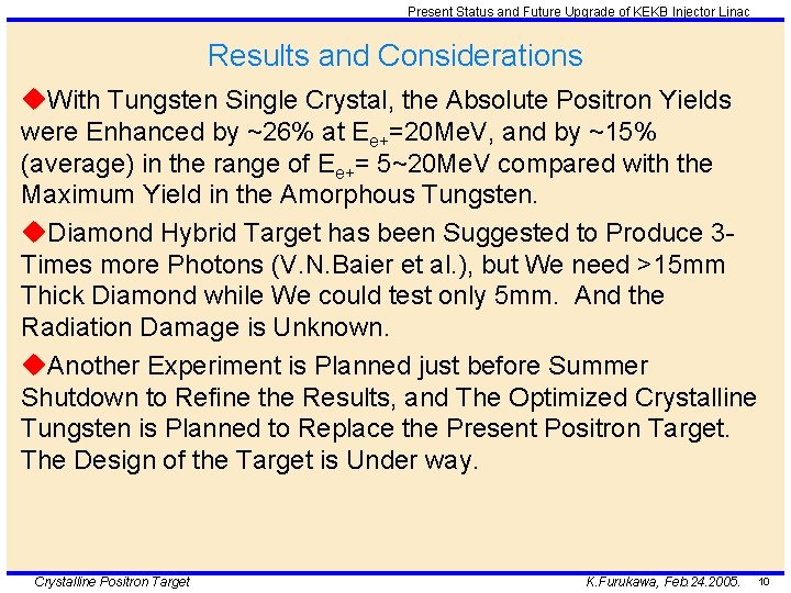 Present Status and Future Upgrade of KEKB Injector Linac Results and Considerations u. With