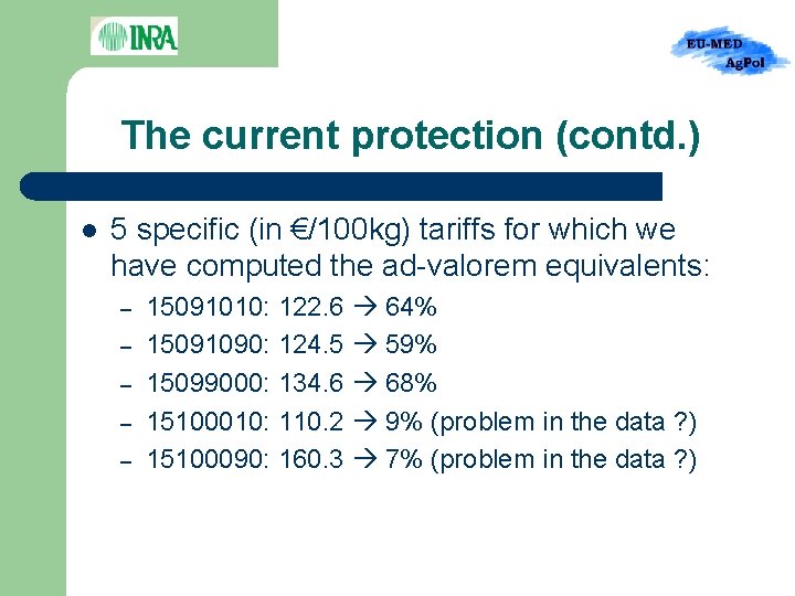 The current protection (contd. ) l 5 specific (in €/100 kg) tariffs for which