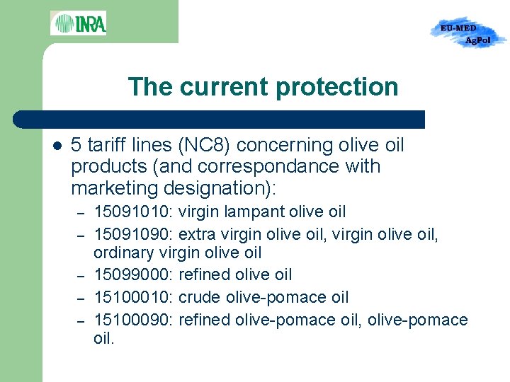The current protection l 5 tariff lines (NC 8) concerning olive oil products (and
