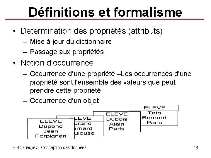 Définitions et formalisme • Determination des propriétés (attributs) – Mise à jour du dictionnaire