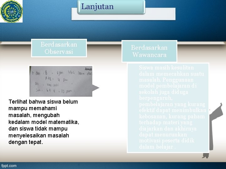 Berdasarkan Observasi Terlihat bahwa siswa belum mampu memahami masalah, mengubah kedalam model matematika, dan