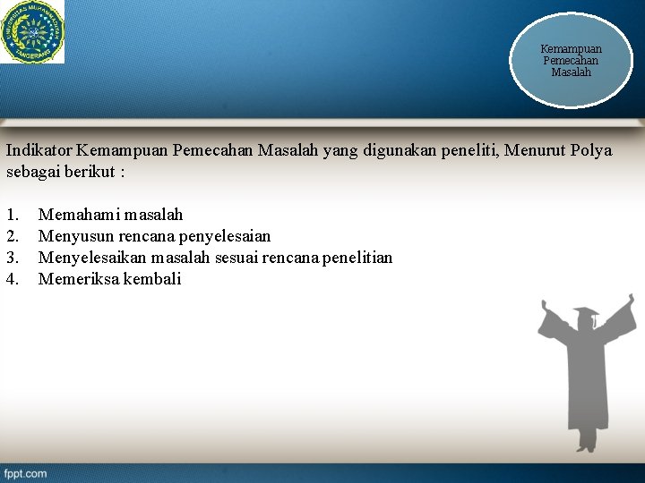 Kemampuan Pemecahan Masalah Indikator Kemampuan Pemecahan Masalah yang digunakan peneliti, Menurut Polya sebagai berikut
