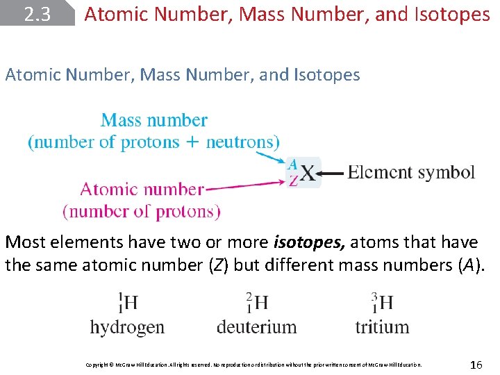 2. 3 Atomic Number, Mass Number, and Isotopes Most elements have two or more