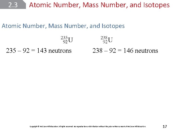 2. 3 Atomic Number, Mass Number, and Isotopes 235 – 92 = 143 neutrons