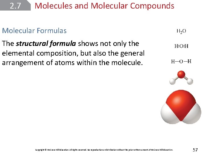 2. 7 Molecules and Molecular Compounds Molecular Formulas The structural formula shows not only