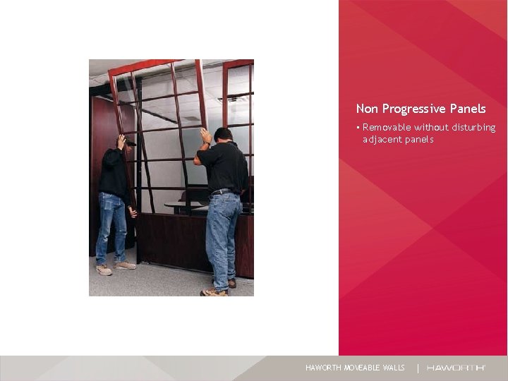 Non Progressive Panels • Removable without disturbing adjacent panels HAWORTH MOVEABLE WALLS Non Progressive Panels • Removable without disturbing adjacent panels HAWORTH MOVEABLE WALLS