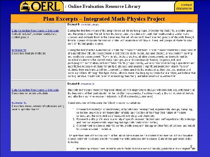 : Online Evaluation Resource Library Plan Excerpts – Integrated Math-Physics Project 8 