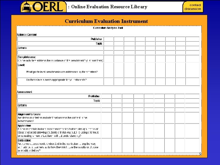 : Online Evaluation Resource Library Curriculum Evaluation Instrument 9 