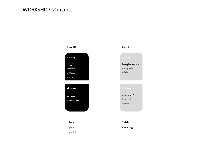 WORKSHOP SCHEDULE Nov 28 Dec 5 morning 2 D/3 D interface patterns curves Complex