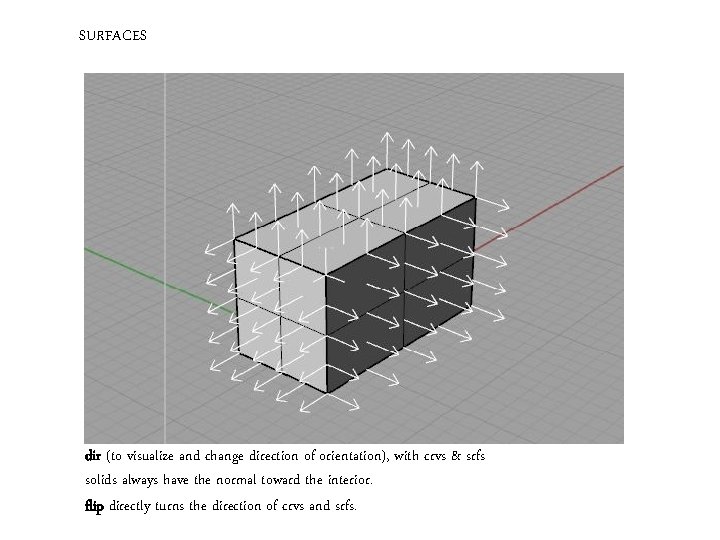 SURFACES dir (to visualize and change direction of orientation), with crvs & srfs solids