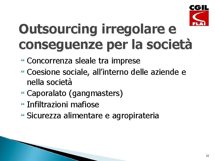 Outsourcing irregolare e conseguenze per la società Concorrenza sleale tra imprese Coesione sociale, all’interno