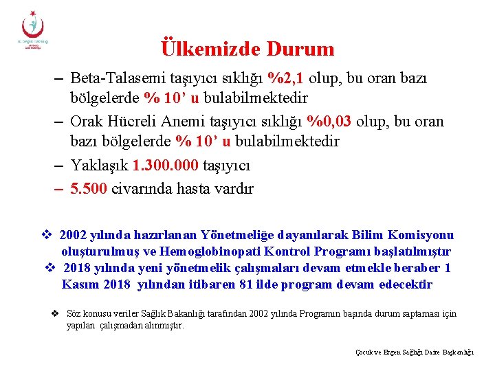 Ülkemizde Durum – Beta-Talasemi taşıyıcı sıklığı %2, 1 olup, bu oran bazı bölgelerde %