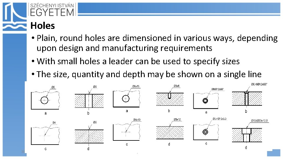 Holes • Plain, round holes are dimensioned in various ways, depending upon design and