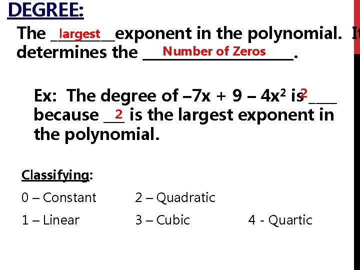 DEGREE: largest The _____exponent in the polynomial. It Number of Zeros determines the ___________.