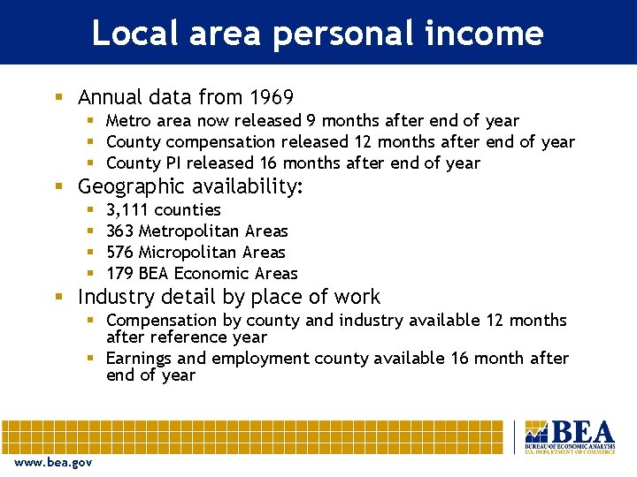 Local area personal income § Annual data from 1969 § Metro area now released