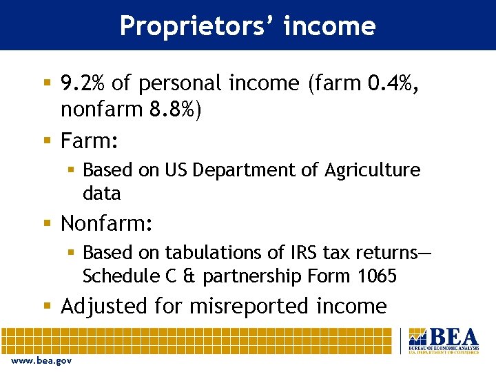 Proprietors’ income § 9. 2% of personal income (farm 0. 4%, nonfarm 8. 8%)