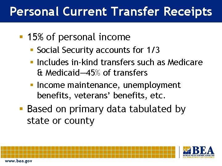 Personal Current Transfer Receipts § 15% of personal income § Social Security accounts for