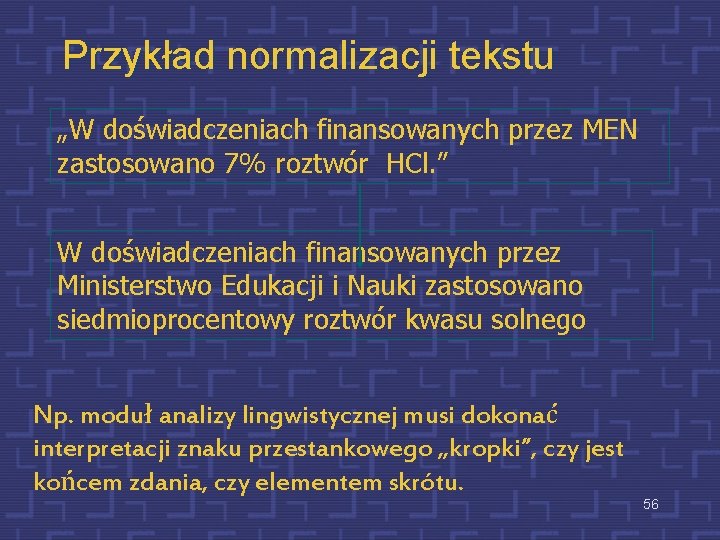 Przykład normalizacji tekstu „W doświadczeniach finansowanych przez MEN zastosowano 7% roztwór HCl. ” W