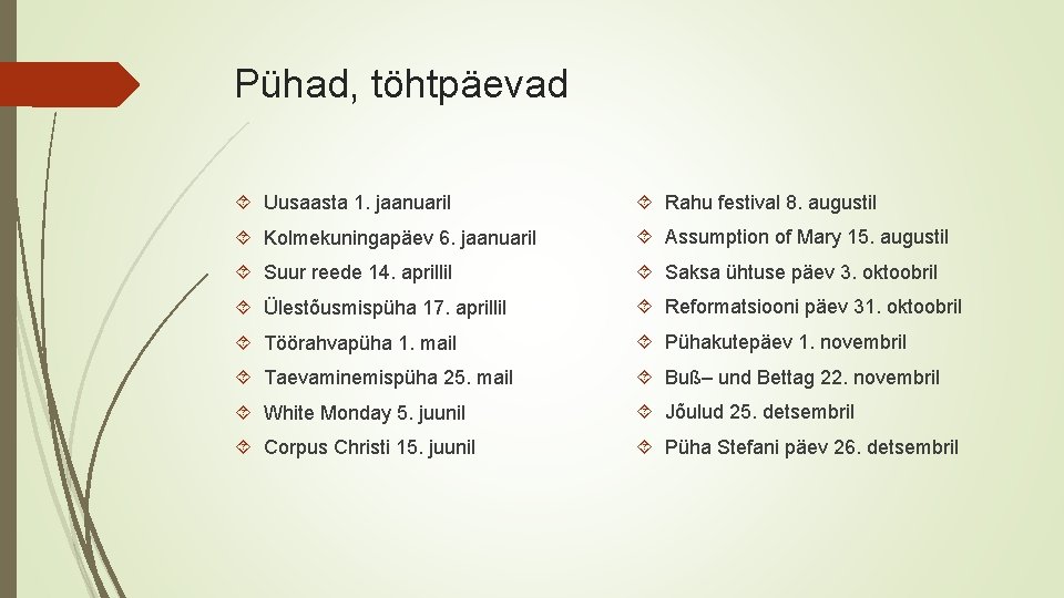 Pühad, töhtpäevad Uusaasta 1. jaanuaril Rahu festival 8. augustil Kolmekuningapäev 6. jaanuaril Assumption of