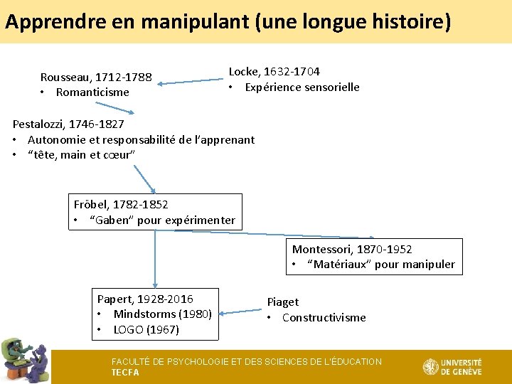 Apprendre en manipulant (une longue histoire) Rousseau, 1712 -1788 • Romanticisme Locke, 1632 -1704