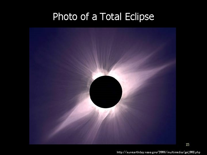 Photo of a Total Eclipse 15 http: //sunearthday. nasa. gov/2006/multimedia/gal_008. php 
