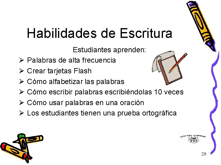 Habilidades de Escritura Ø Ø Ø Estudiantes aprenden: Palabras de alta frecuencia Crear tarjetas