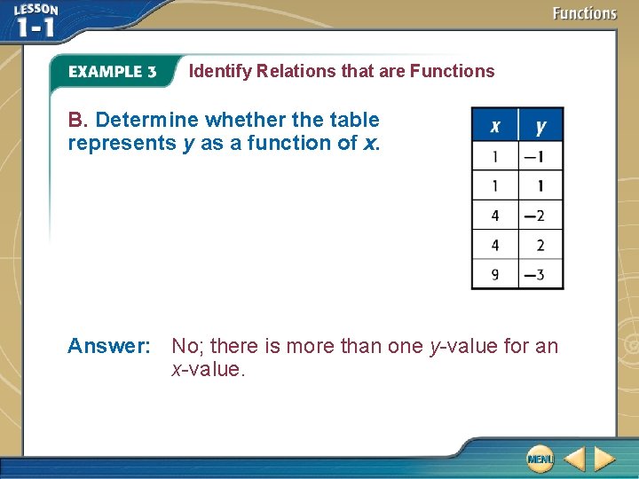 Identify Relations that are Functions B. Determine whether the table represents y as a