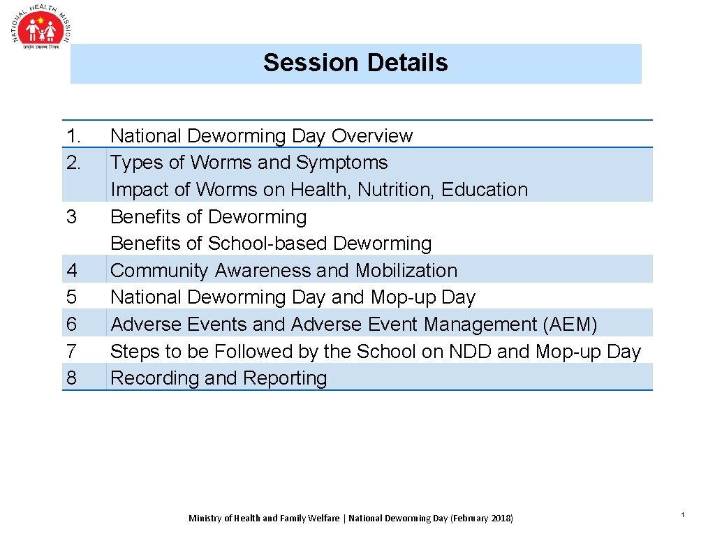 Session Details 1. 2. 3 4 5 6 7 8 National Deworming Day Overview
