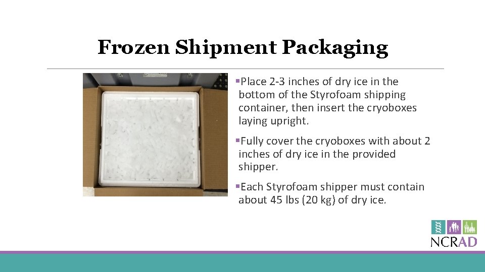 Frozen Shipment Packaging §Place 2 -3 inches of dry ice in the bottom of