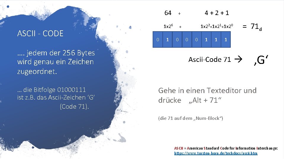 ASCII - CODE …. jedem der 256 Bytes wird genau ein Zeichen zugeordnet. …