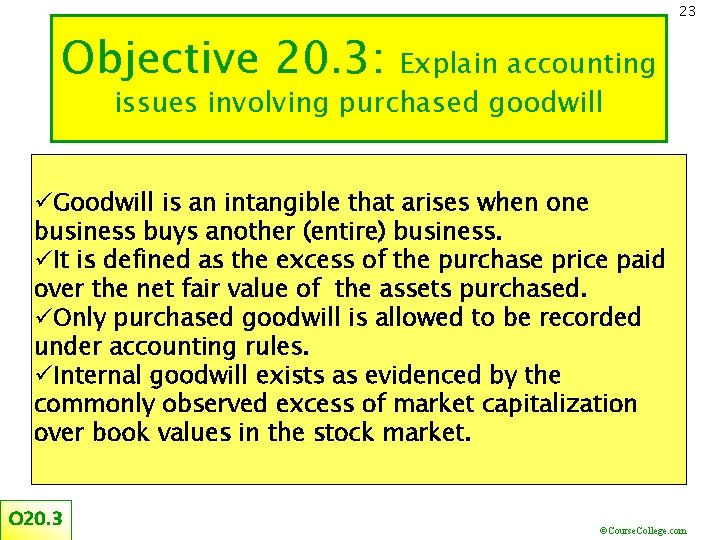 23 Objective 20. 3: Explain accounting issues involving purchased goodwill üGoodwill is an intangible