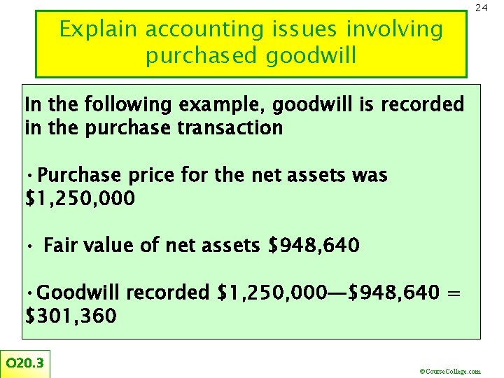 Explain accounting issues involving purchased goodwill 24 In the following example, goodwill is recorded