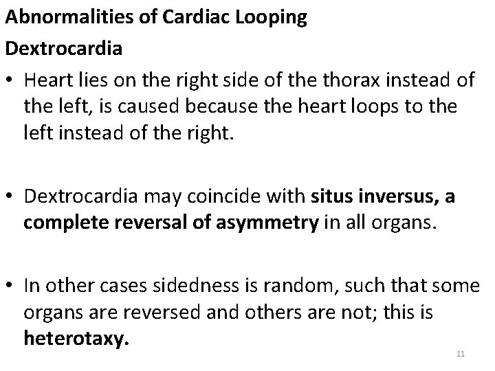 Abnormalities of Cardiac Looping Dextrocardia • Heart lies on the right side of the
