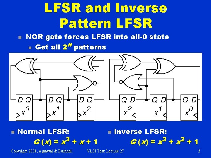 LFSR and Inverse Pattern LFSR n n NOR gate forces LFSR into all-0 state