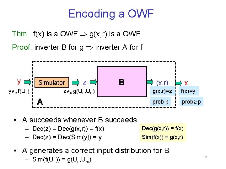 Encoding a OWF Thm. f(x) is a OWF g(x, r) is a OWF Proof: