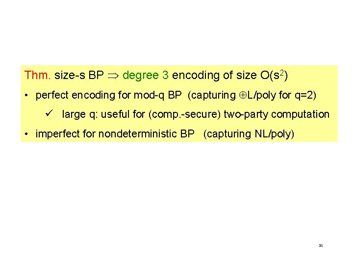 Thm. size-s BP degree 3 encoding of size O(s 2) • perfect encoding for