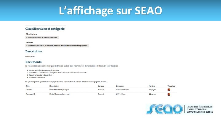 L’affichage sur SEAO 