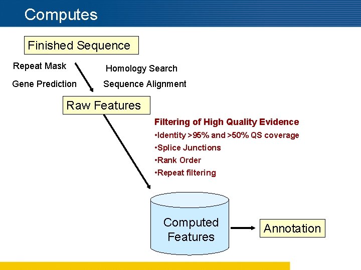 Computes Finished Sequence Repeat Mask Homology Search Gene Prediction Sequence Alignment Raw Features Filtering
