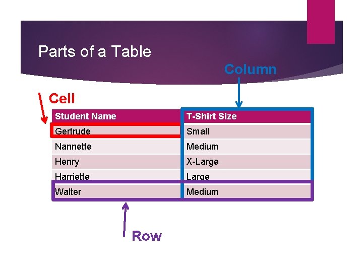 Parts of a Table Column Cell Student Name T-Shirt Size Gertrude Small Nannette Medium