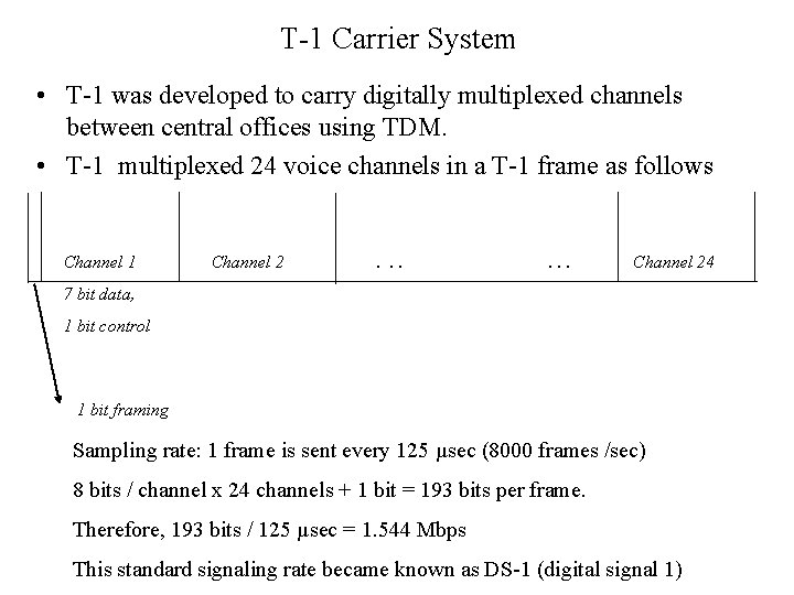 T-1 Carrier System • T-1 was developed to carry digitally multiplexed channels between central
