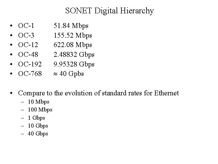 SONET Digital Hierarchy • • • OC-1 OC-3 OC-12 OC-48 OC-192 OC-768 51. 84