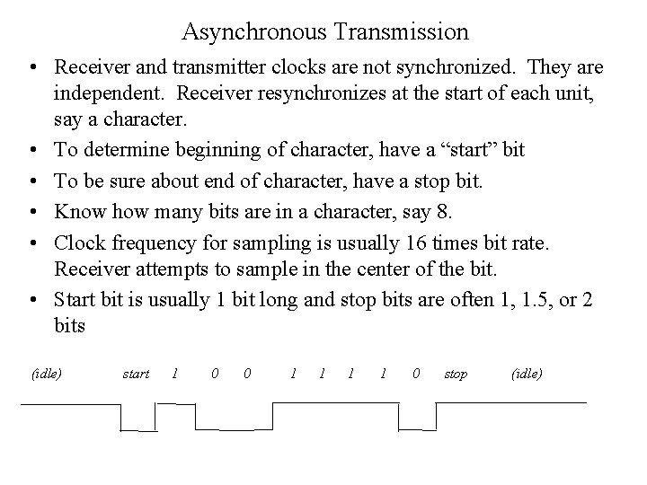 Asynchronous Transmission • Receiver and transmitter clocks are not synchronized. They are independent. Receiver
