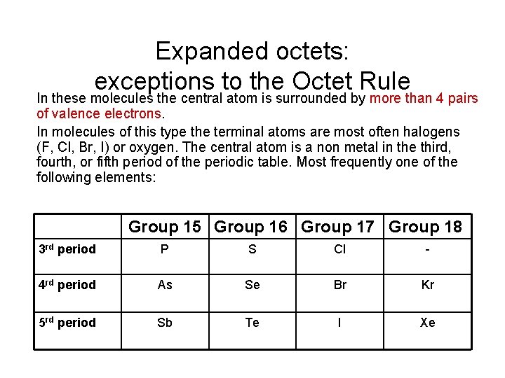 Expanded octets: exceptions to the Octet Rule In these molecules the central atom is Expanded octets: exceptions to the Octet Rule In these molecules the central atom is