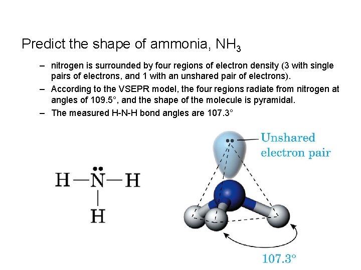 Predict the shape of ammonia, NH 3 – nitrogen is surrounded by four regions Predict the shape of ammonia, NH 3 – nitrogen is surrounded by four regions