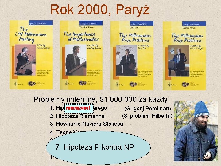 Rok 2000, Paryż Problemy milenijne, $1. 000 za każdy 1. Hipoteza Poincarego rozwiązana! (Grigorij