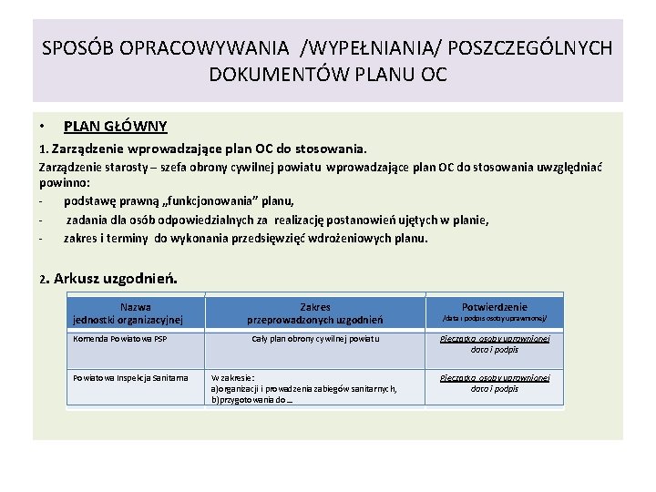 SPOSÓB OPRACOWYWANIA /WYPEŁNIANIA/ POSZCZEGÓLNYCH DOKUMENTÓW PLANU OC • PLAN GŁÓWNY 1. Zarządzenie wprowadzające plan