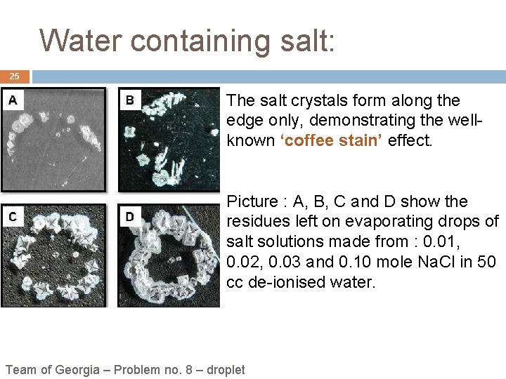 Water containing salt: 25 The salt crystals form along the edge only, demonstrating the